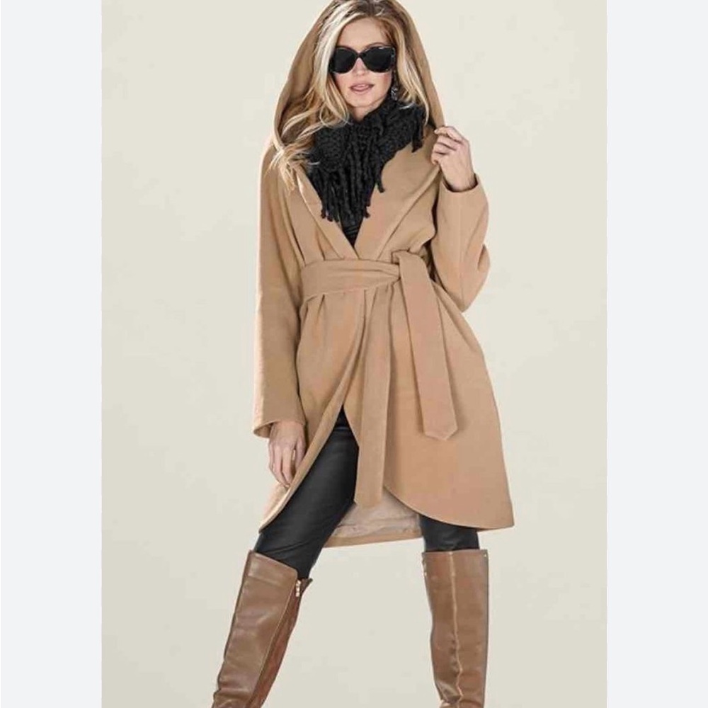 Stylish Tan Hooded Coat with Belt